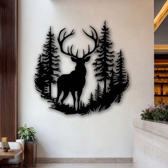 A striking black metal artwork of a majestic stag deer standing within a dense forest silhouette, creating a dramatic focal point.