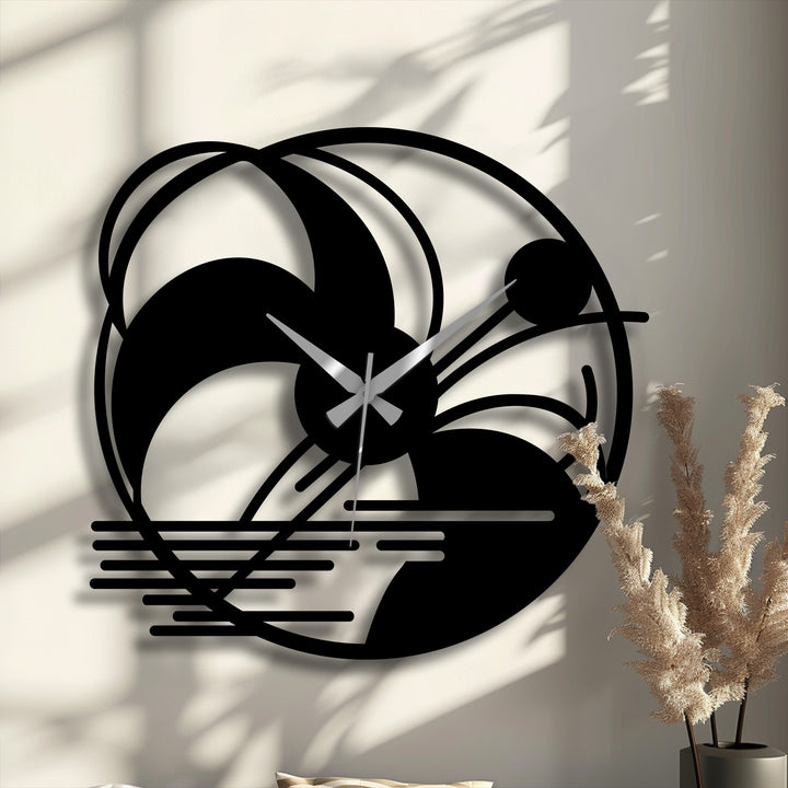 Highlighting the organic forms, this abstract landscape metal wall clock adds artistic home decor with its flowing curves and bold, contrasting design.
