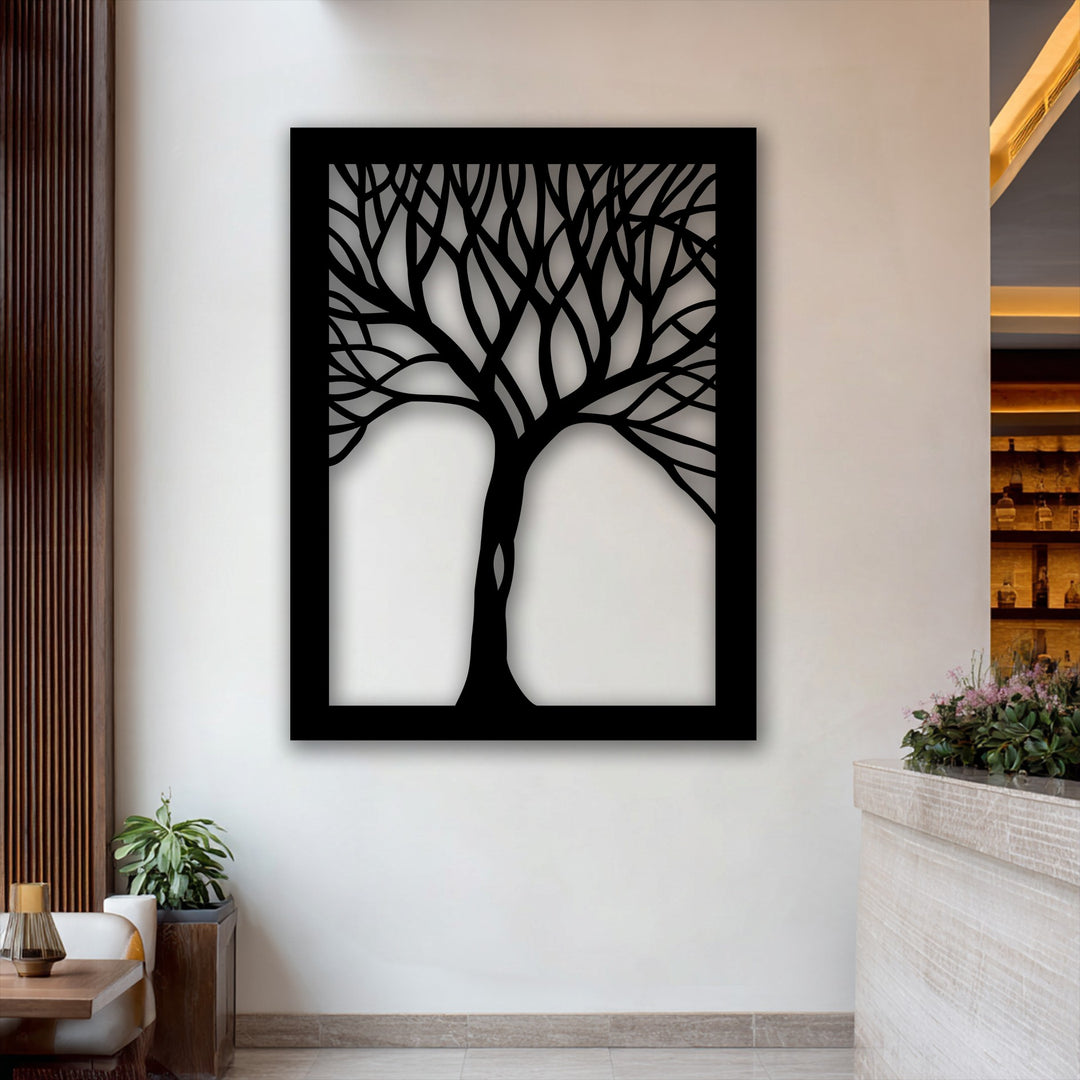 The intricate, upward-reaching branches of this metal wall decor create a dynamic sense of movement within the abstract tree silhouette frame.