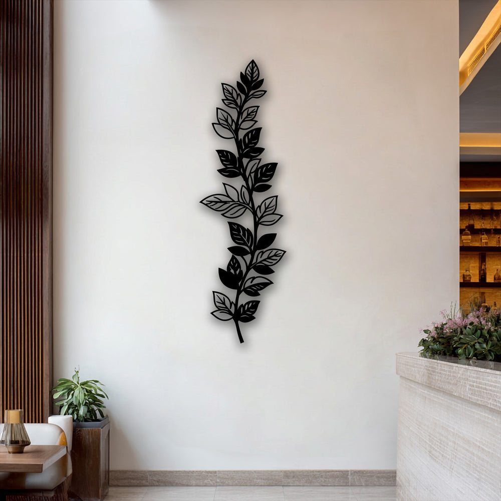 The serene mood of this modern interior is enhanced by the elegant botanical leaf branch metal art for wall, complementing the natural elements.