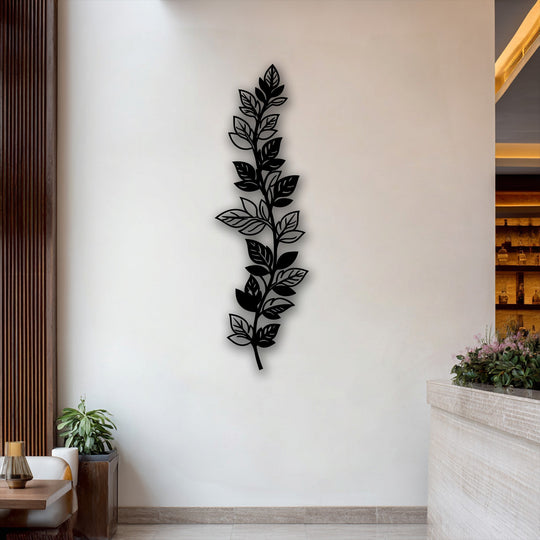 The serene mood of this modern interior is enhanced by the elegant botanical leaf branch metal art for wall, complementing the natural elements.