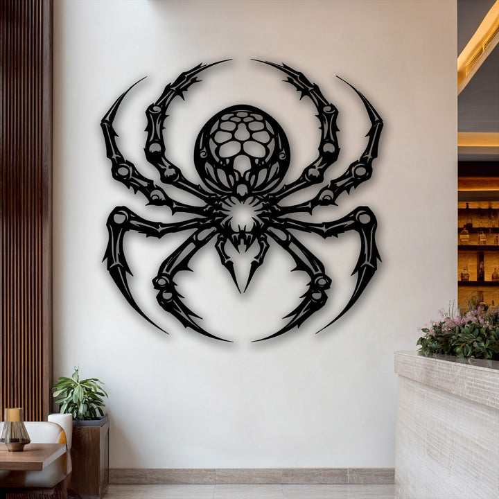 The bright white wall brightly illuminates the striking gothic spider unique metal wall art, showcasing its intricate design.