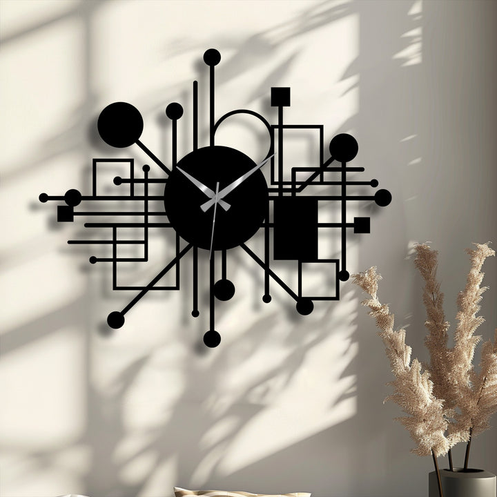 The geometric elements of this abstract network unique metal wall art clock feature a dynamic arrangement of black lines, circles, and squares.