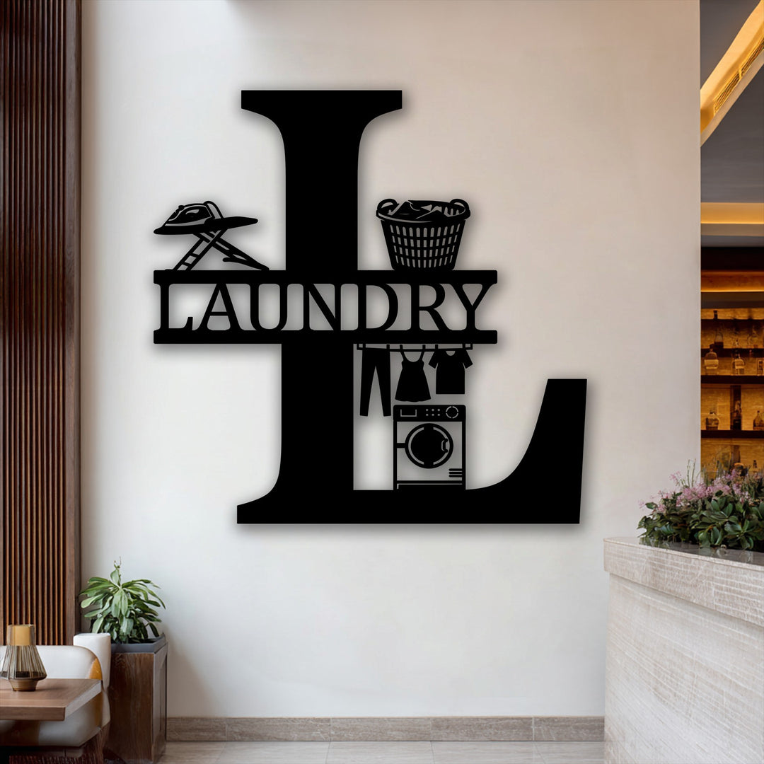 This personalized laundry room monogram metal artwork creates an organized and charming mood with its detailed laundry-themed design.