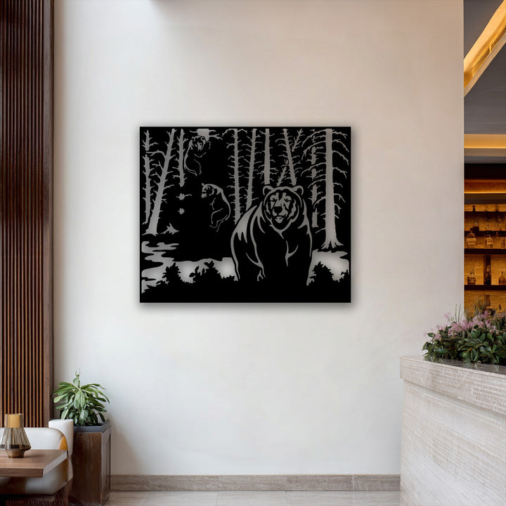 The very low color saturation of the striking Wild Forest Bear Metal Wall Art defines this modern decoration wall art piece.
