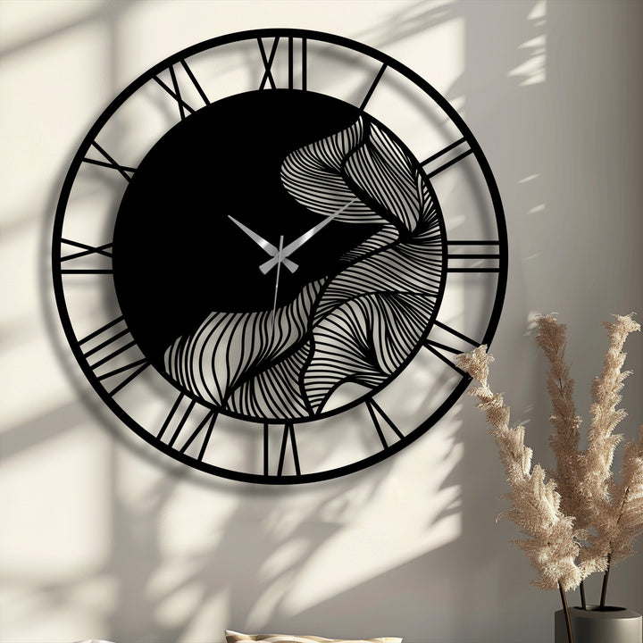 Premium quality metal wall decor with a sleek black finish, featuring intricate abstract leaf and Roman numeral design for a modern aesthetic.