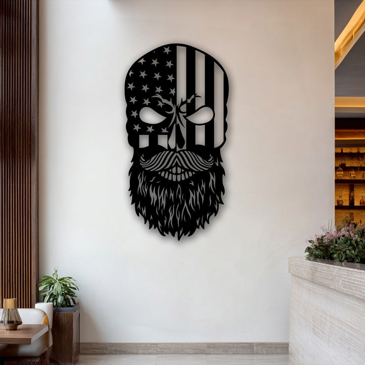 The bold patriotic mood of this unique metal wall art features a bearded American flag skull design on a pristine white wall.