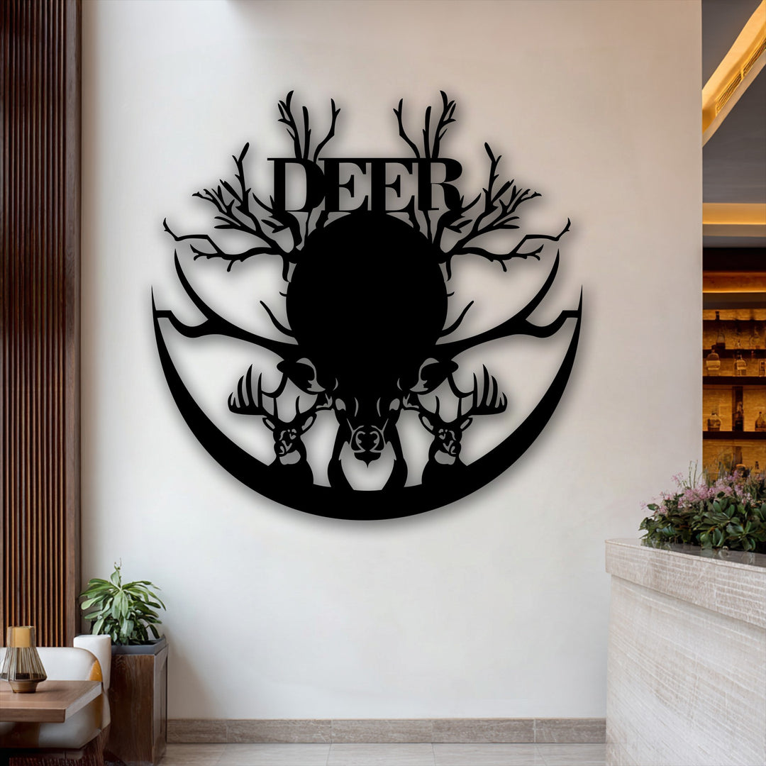 Delicate pink blooms and lush green foliage soften the modern interior, complementing the striking deer silhouette decoration wall art.