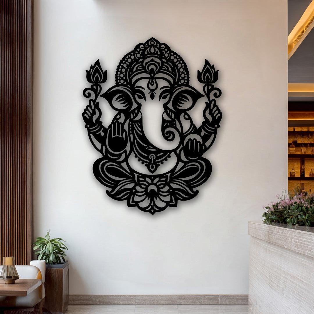 Organic forms define this intricate black Ganesha, a spiritual metal art for wall with flowing lotus details.