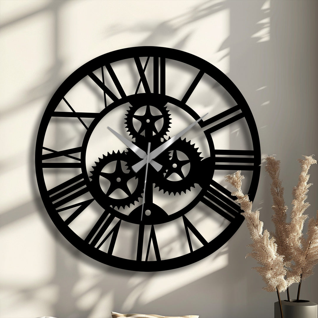 Spinning gears create a sense of perpetual motion in this industrial metal artwork, a steampunk decorative wall clock that enlivens your home decor.