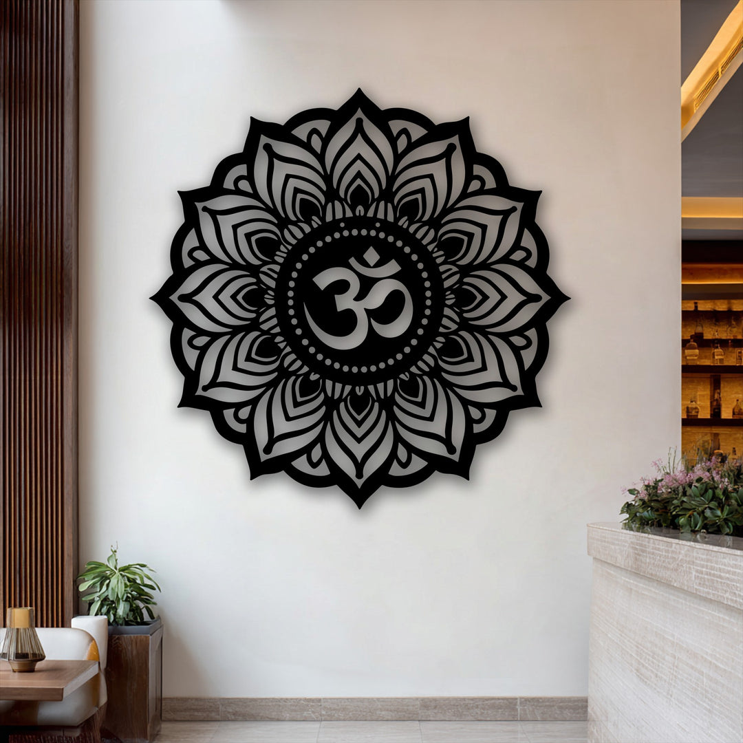 Abstract sacred Om mandala metal wall decor features intricate lotus patterns, creating a spiritual and visually profound statement.