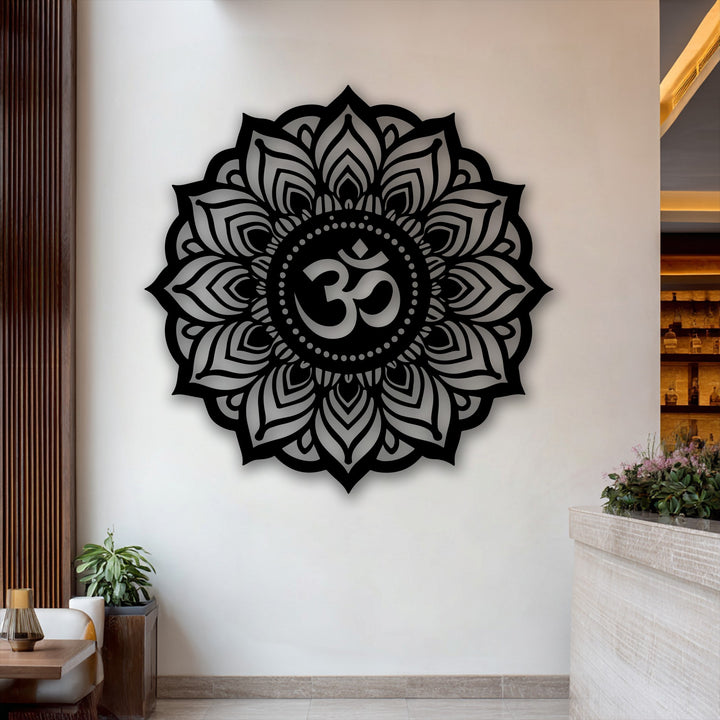 Abstract sacred Om mandala metal wall decor features intricate lotus patterns, creating a spiritual and visually profound statement.
