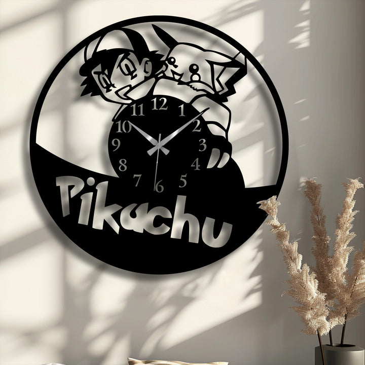 The darkest area showcases a bold black decorative metal art wall clock featuring Ash and his electric creature Pikachu.