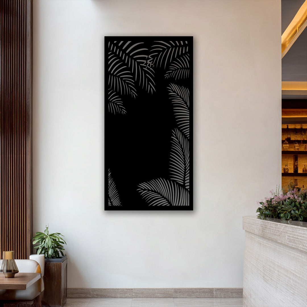 With primarily desaturated tones, this elegant tropical palm leaf metal artwork presents a serene visual experience, balanced by muted natural elements.