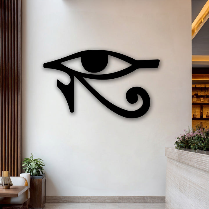 The prominent negative space of the black Eye of Horus symbol enhances this bold ancient Egyptian metal art for wall.