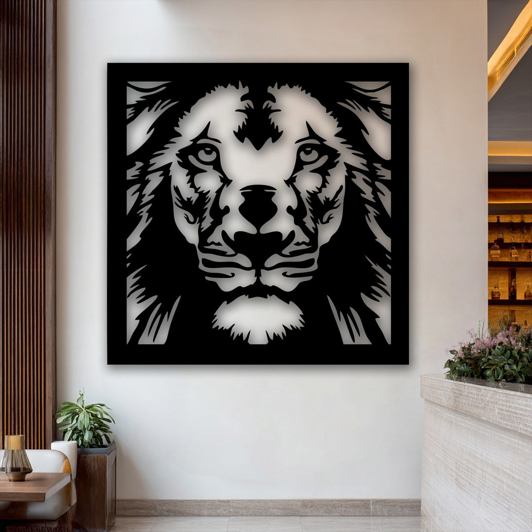 The bold geometric lines of the majestic lion face metal art for wall dynamically capture a sense of powerful, flowing movement.