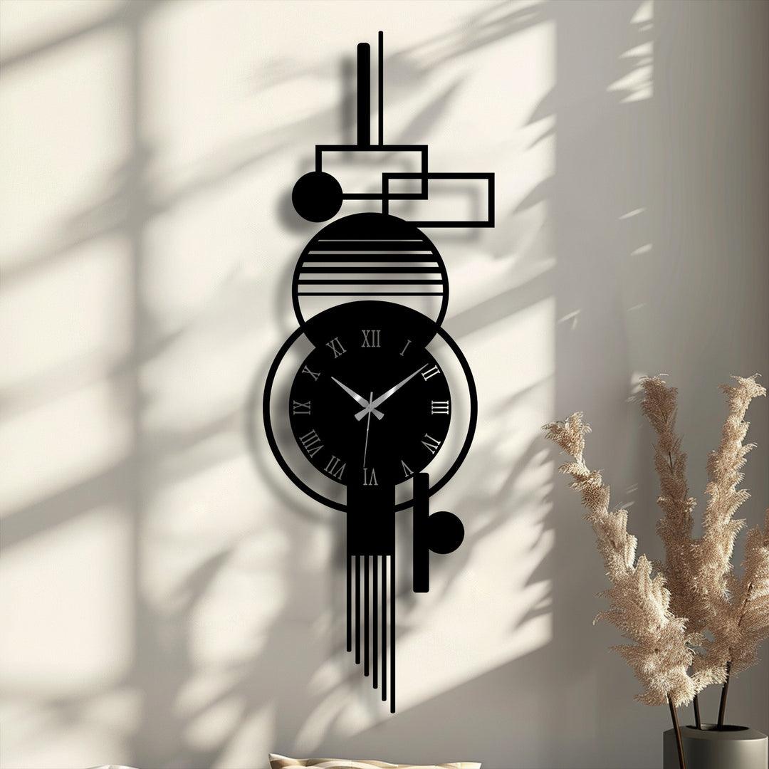 Modern Vertical Abstract Metal Wall Clock – Geometric Roman Numeral Decor