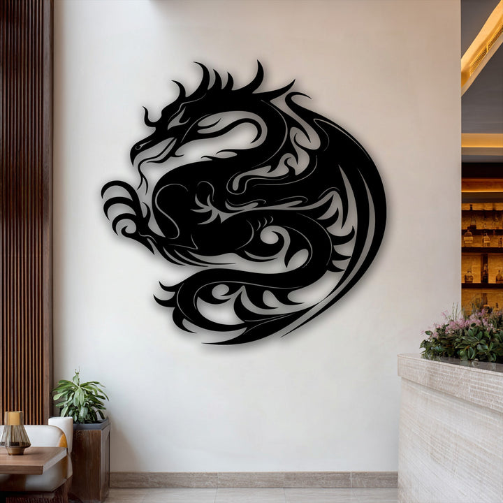 The bold lines of the Celestial Dragon Circle metal art for wall create a captivating visual rhythm, embodying mythical power.