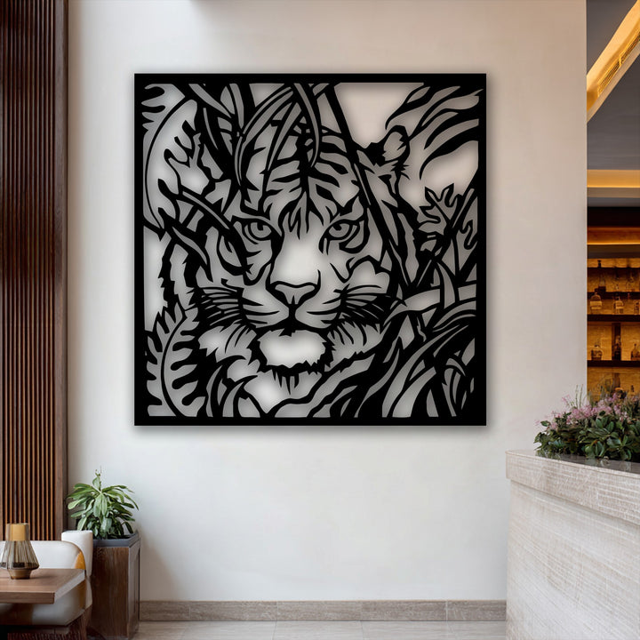 The warm color temperature of the room enhances the intricate jungle gaze tiger decorative metal art, creating a cozy ambiance.
