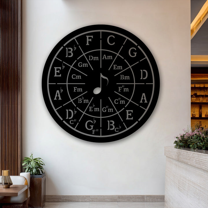 The stillness of a black circular Circle of Fifths music theory metal wall decor piece anchors a bright, minimalist room, offering a silent harmony.