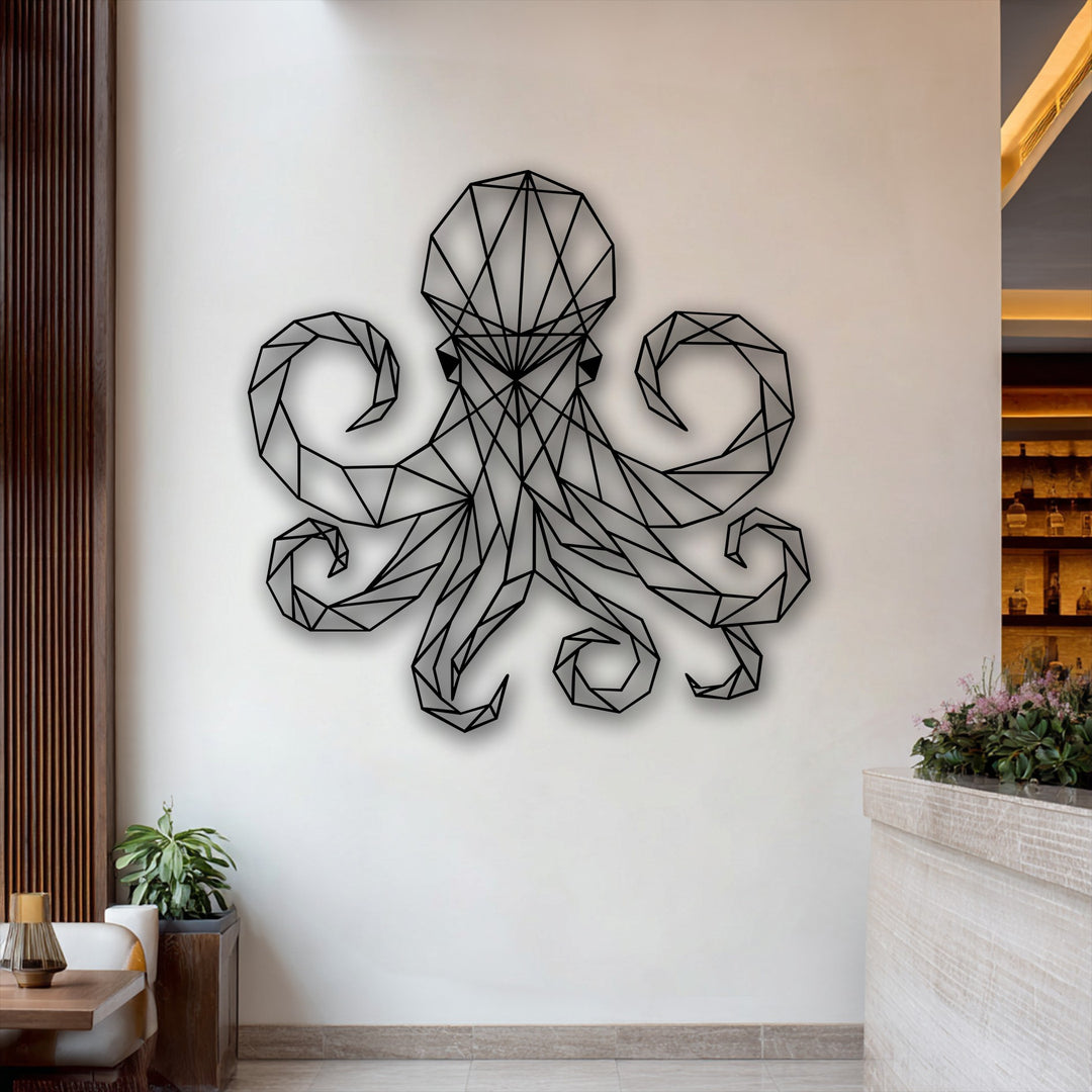 Featuring low color saturation, this modern geometric octopus line art is a striking metal artwork piece against a light-toned wall.