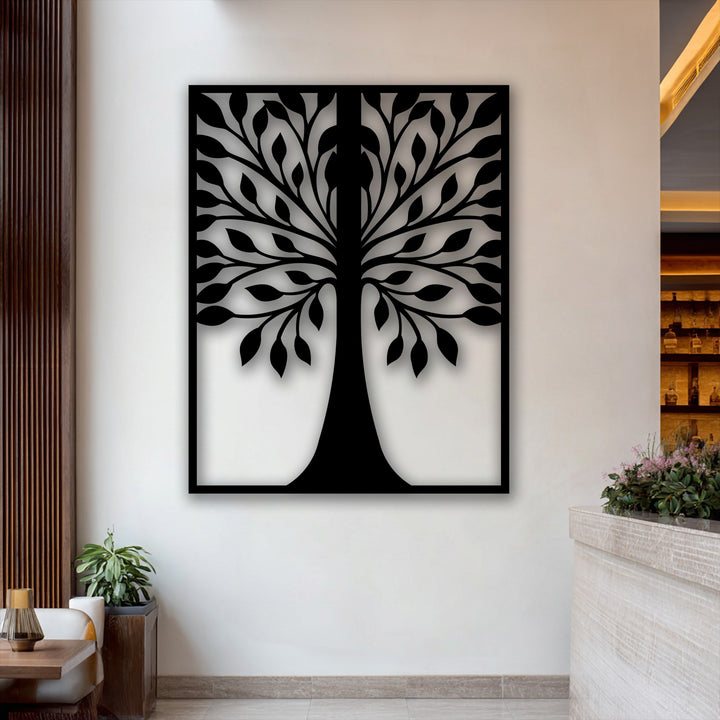 Experience exceptional material quality with this striking symmetrical leaf tree silhouette metal decoration wall art, adding depth to any room.