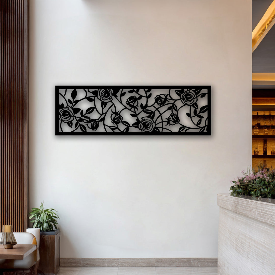 The golden lamp on the wooden table, the plant, and the flower arrangement enhance the elegant rose garden decorative metal art.