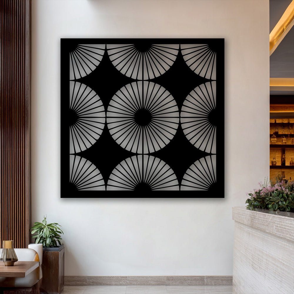 Featuring intricate depth and layers, this geometric metal art for wall showcases a radiant fan pattern that creates a captivating visual illusion.