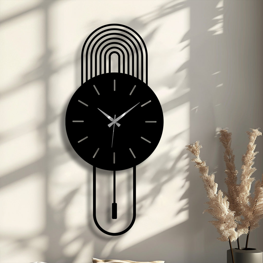 Striking color contrast highlights the black Modern Arc Metal Wall Clock against a bright wall, enhancing this unique decoration wall art.