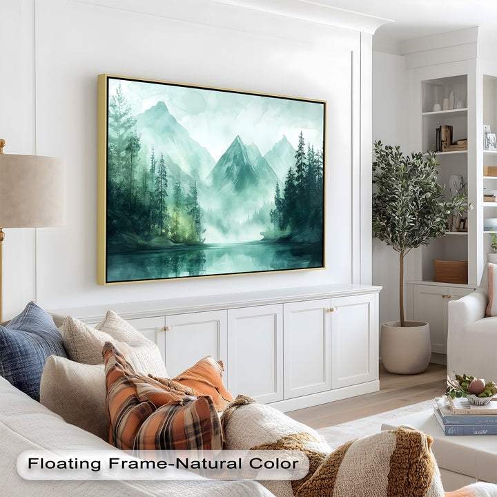 Serene mountain vista with reflective water and tall evergreens.
