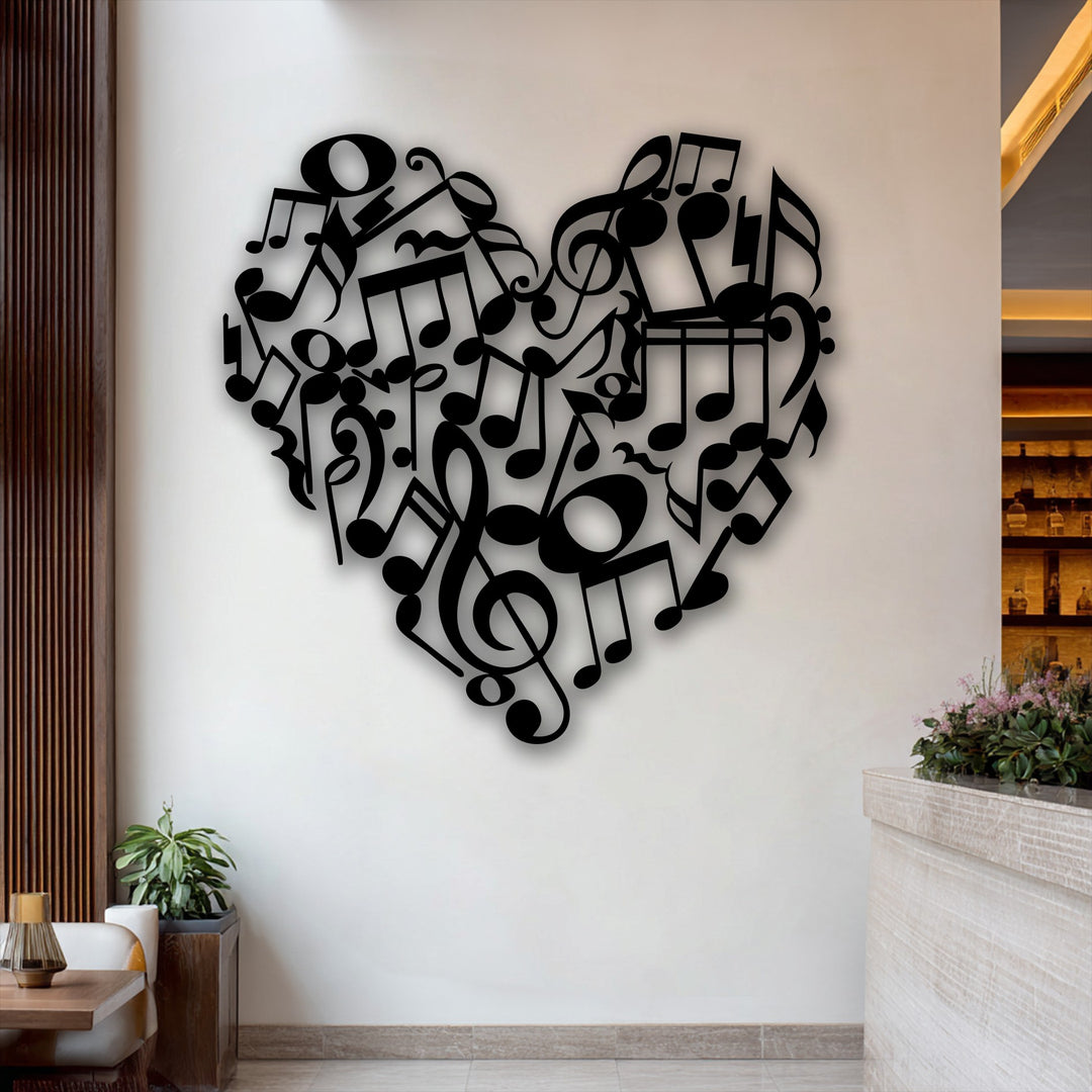 The prominent black heart, intricately formed by various music notes and clefs, creates a captivating and artistic metal wall decor.
