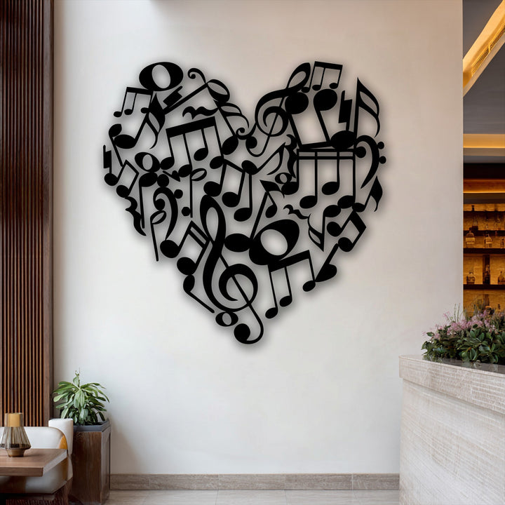 The prominent black heart, intricately formed by various music notes and clefs, creates a captivating and artistic metal wall decor.