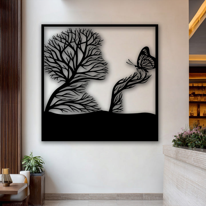 The image exudes a warm color temperature, showcasing whimsical tree and butterfly metal decoration wall art in an inviting setting.