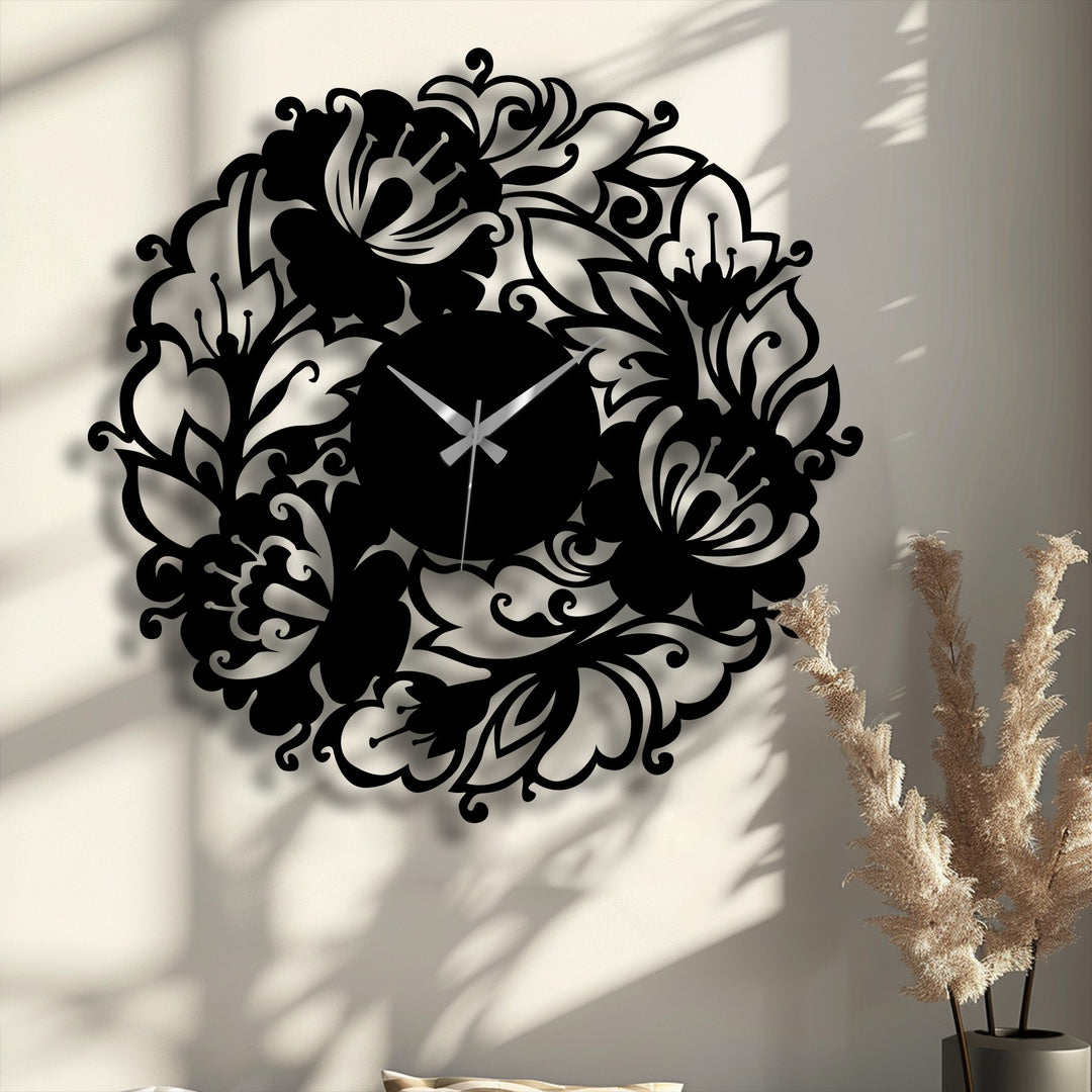Crafted from durable metal, this Bloom Garden Metal Wall Clock exemplifies high-quality metal wall decor through its intricate floral design.