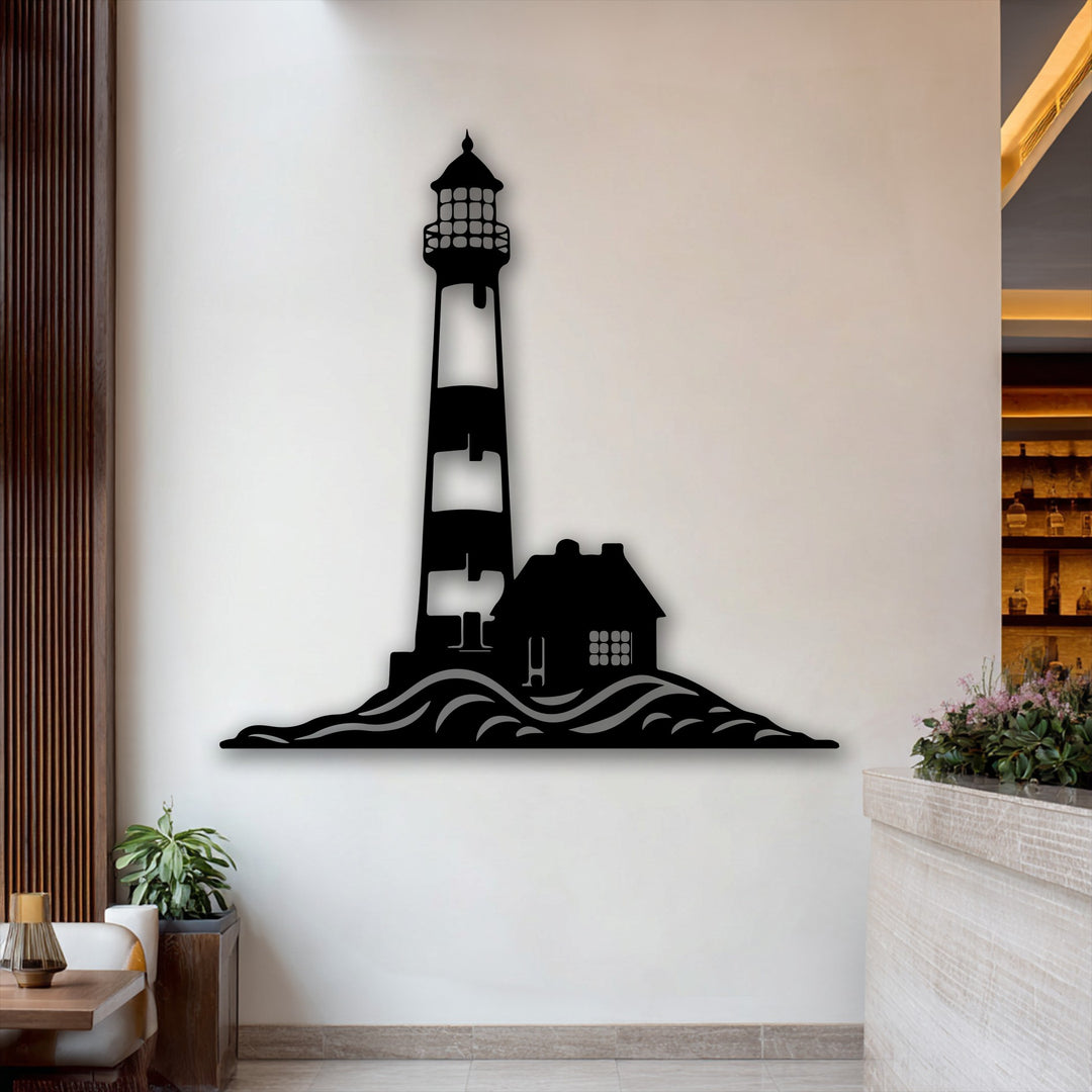 The dominant off-white wall highlights a captivating black coastal lighthouse silhouette, a unique metal wall art piece.