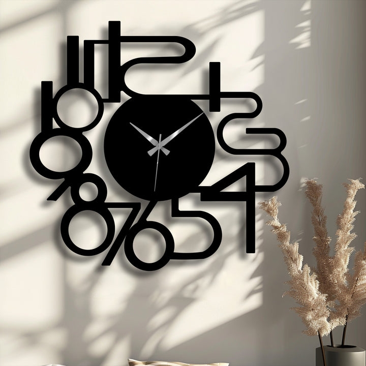 The visual rhythm of this modern unique metal wall art clock is created by its bold, abstract numbers and striking shadows.