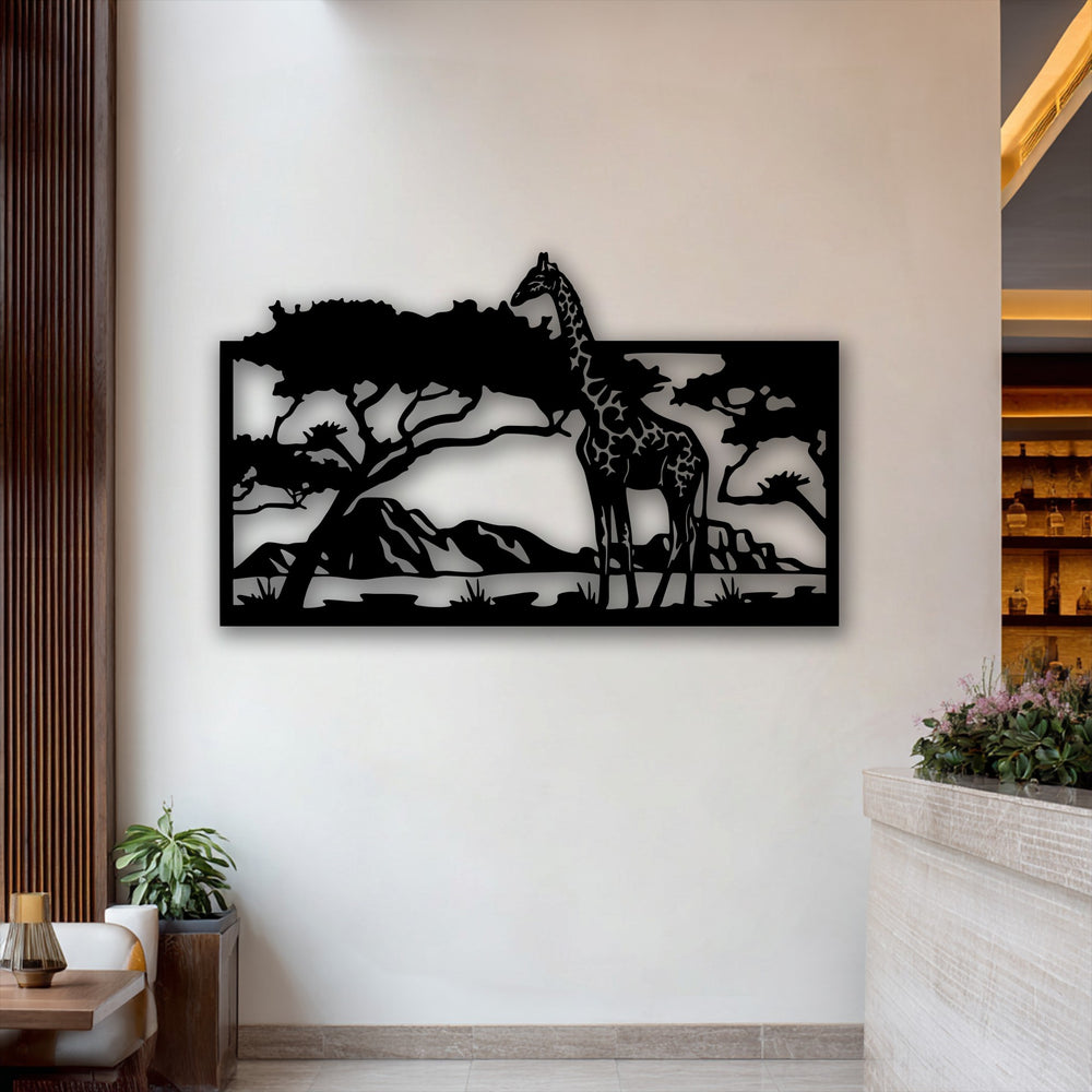 The stark contrast of light and shadow highlights the unique metal wall art of a Savannah Giraffe Scene against a bright wall.
