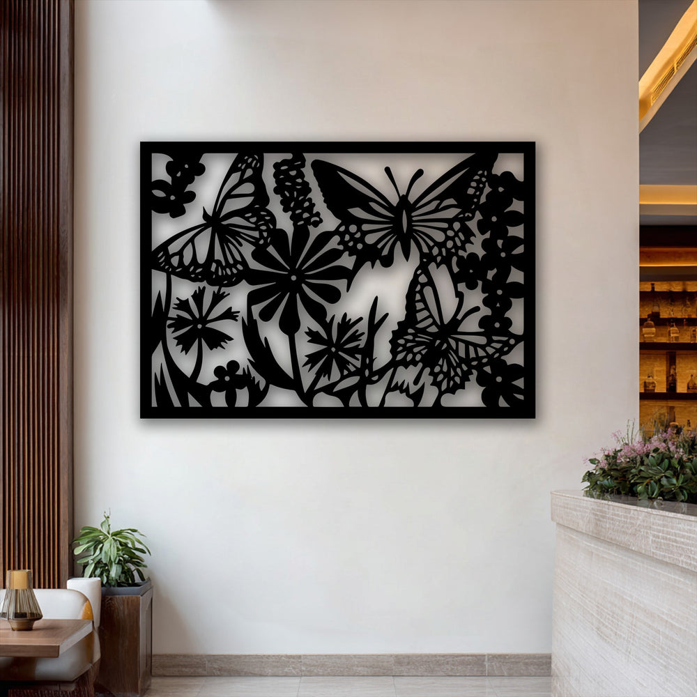 The striking butterfly garden metal wall art, a captivating decoration wall art piece, displays intricate floral nature silhouettes.
