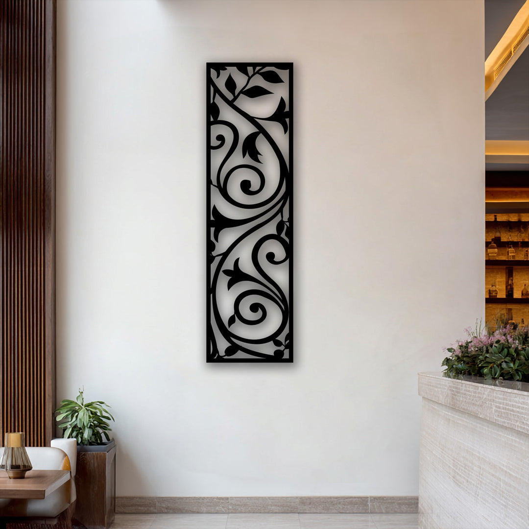 The graceful curves and ascending leaves of this black vertical scroll vine metal wall decor evoke a profound sense of movement.
