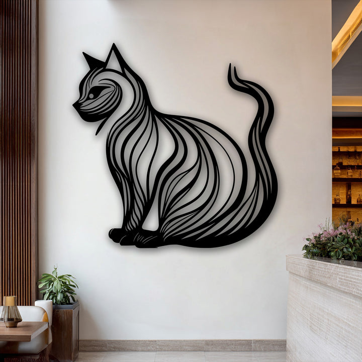 Warm color temperature accentuates the elegant cat silhouette metal decoration wall art, blending with the cozy interior's inviting glow.