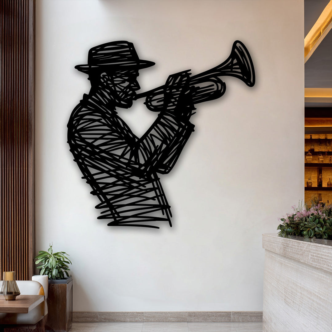 The pristine white wall serves as a backdrop for the elegant black silhouette of a jazz trumpet player decorative metal art piece.
