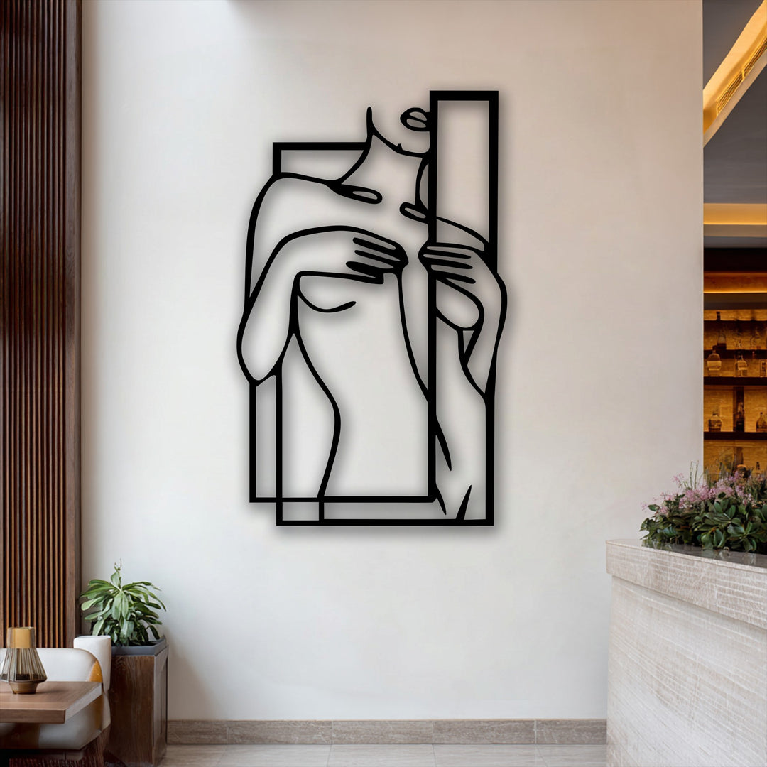 Delicately blooming pink flowers softly complement the striking minimalist female figure line art, a modern geometric decoration wall art piece.