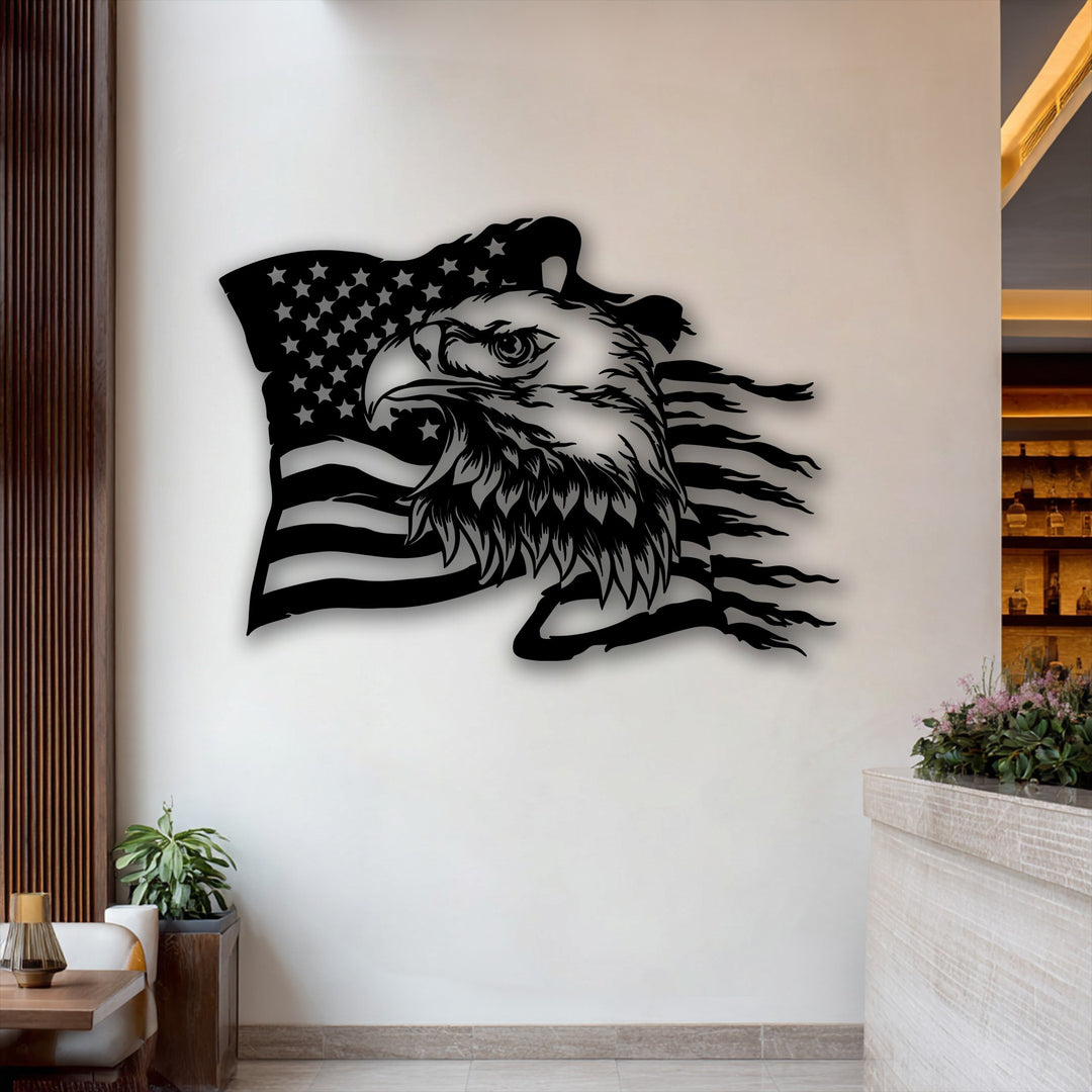 The focal point clearly displays a striking black metal artwork featuring a bald eagle's head with intricate detailing set against a waving American flag.