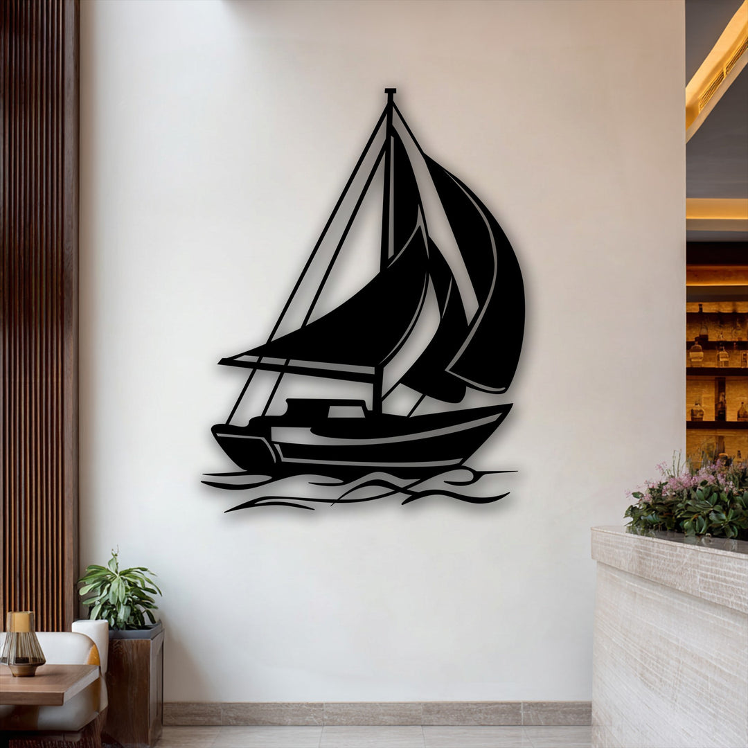 The focal point showcases a sleek black sailing boat metal artwork with unfurled sails gliding on stylized waves, enhancing the nautical decor.
