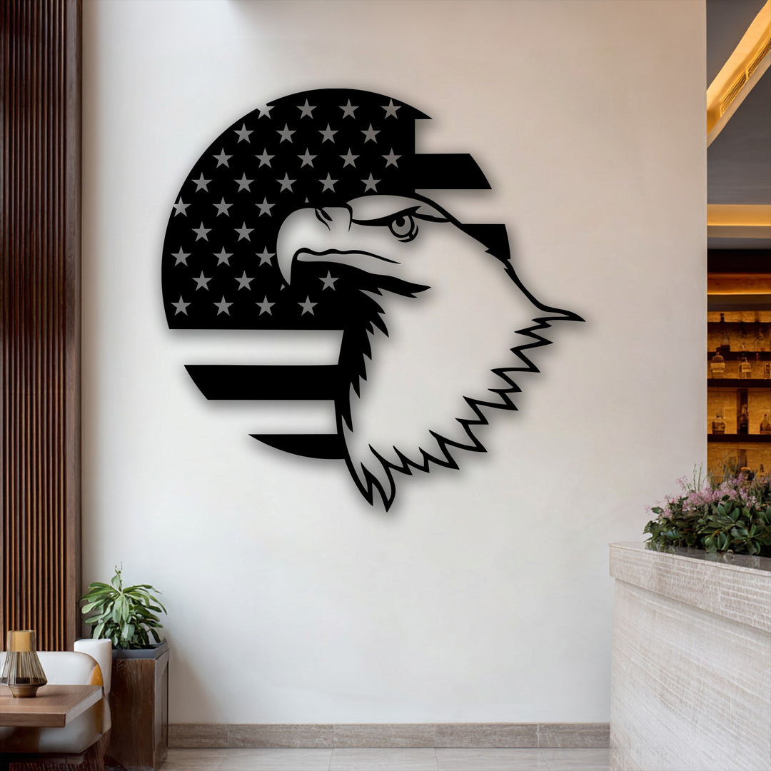Geometric lines form a stark American Flag and an eagle emblem in this striking metal wall decor, featuring distinct stars and stripes.