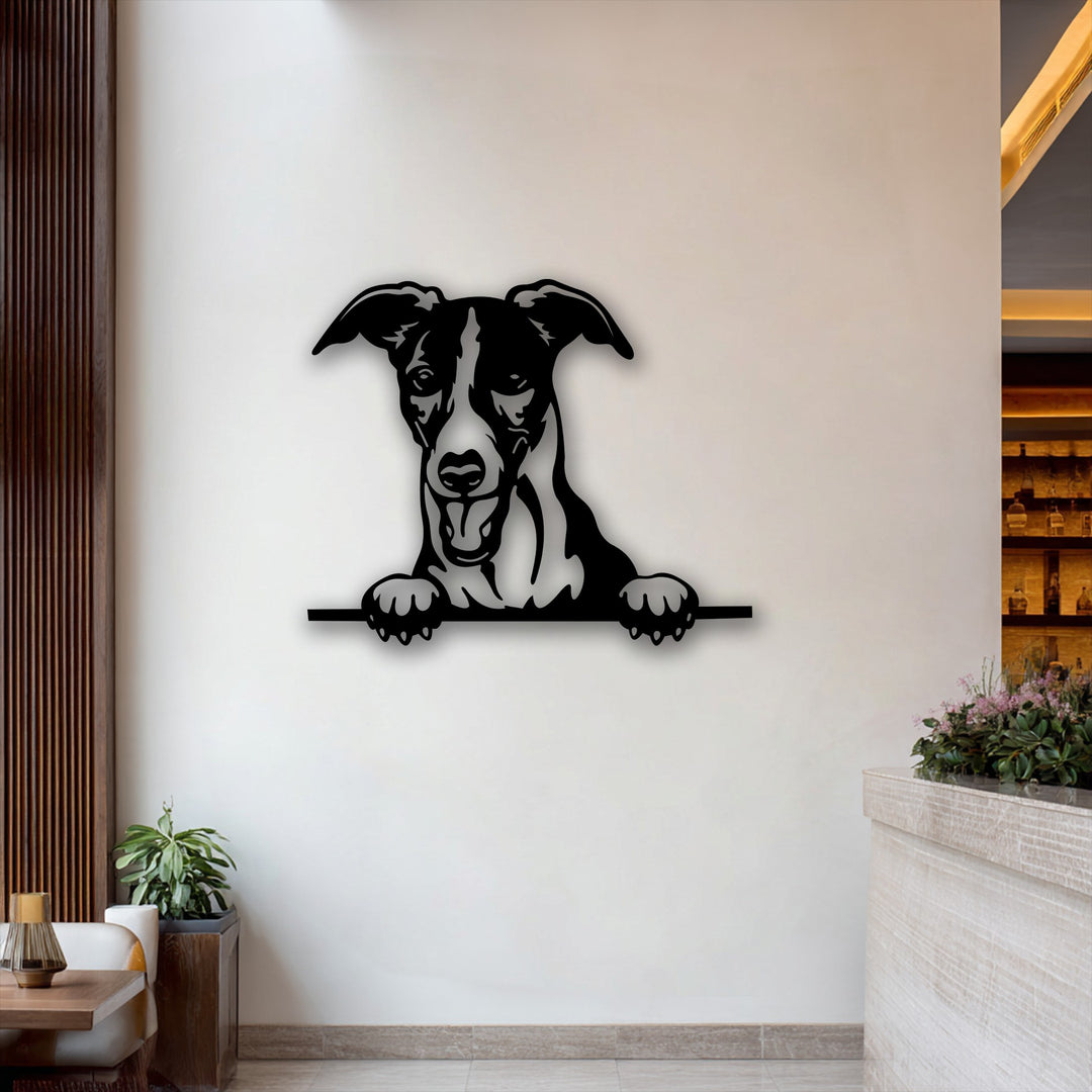 The smooth matte black finish of this curious puppy peeking metal art for wall creates a playful dog silhouette decor.