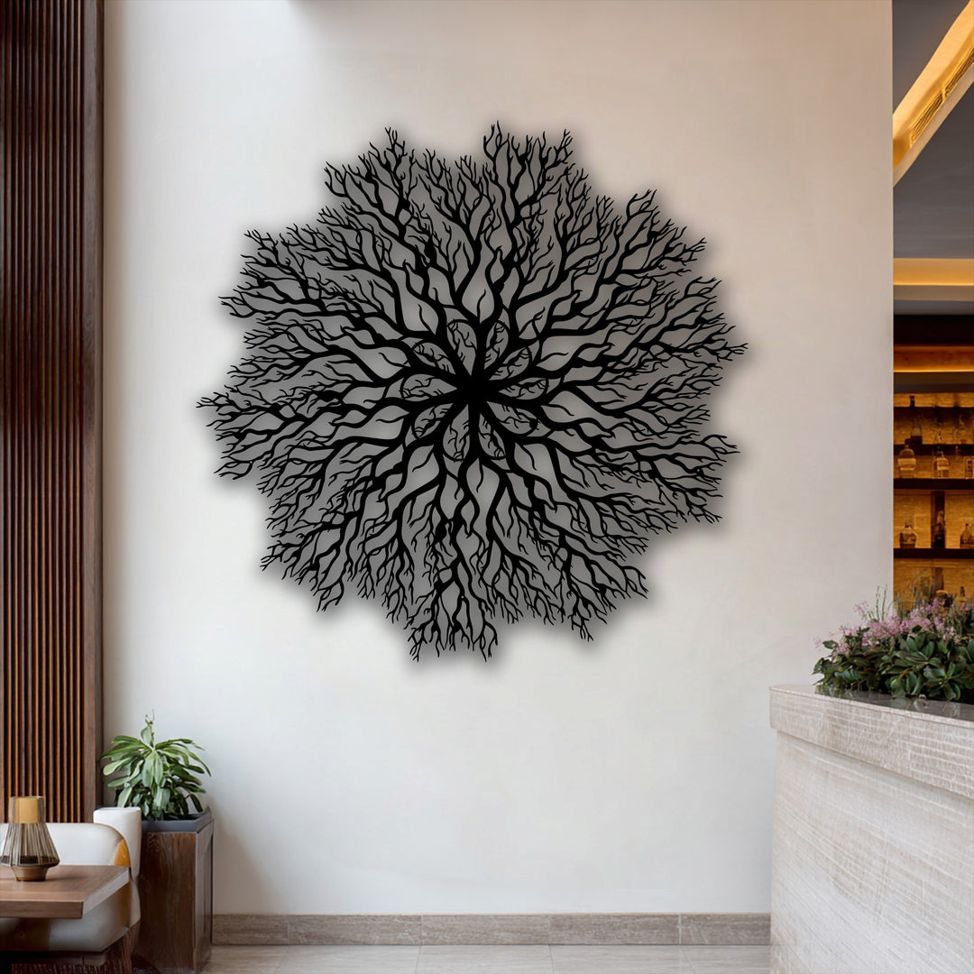 The striking layering effect of the intricate tree roots mandala metal decoration wall art creates depth against the bright wall.