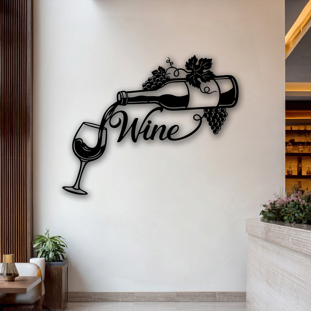Crisp white walls serve as the backdrop for elegant black silhouetted wine bottle and glass decoration wall art.