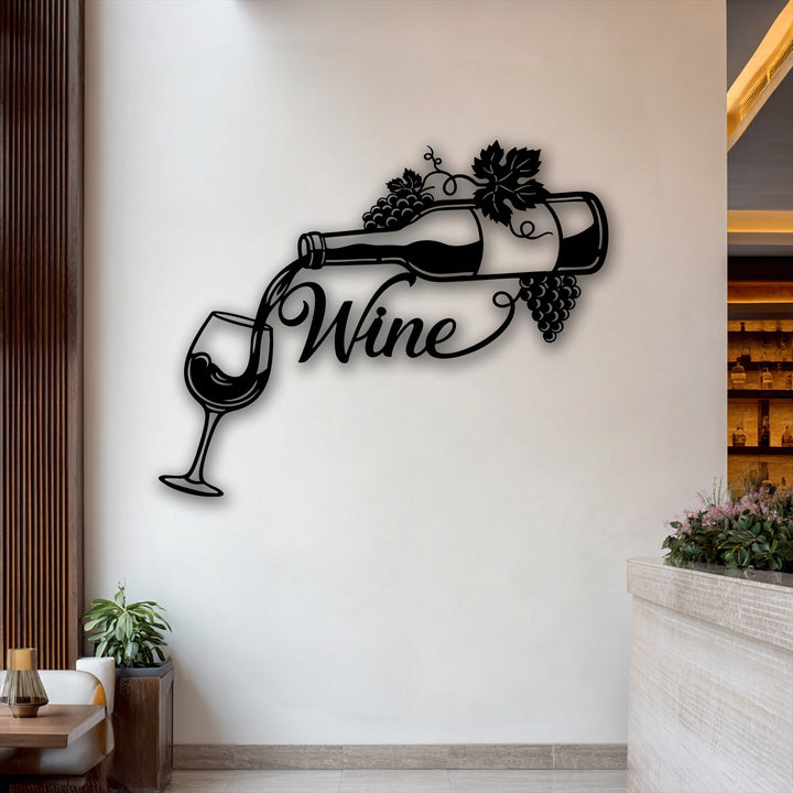 Crisp white walls serve as the backdrop for elegant black silhouetted wine bottle and glass decoration wall art.