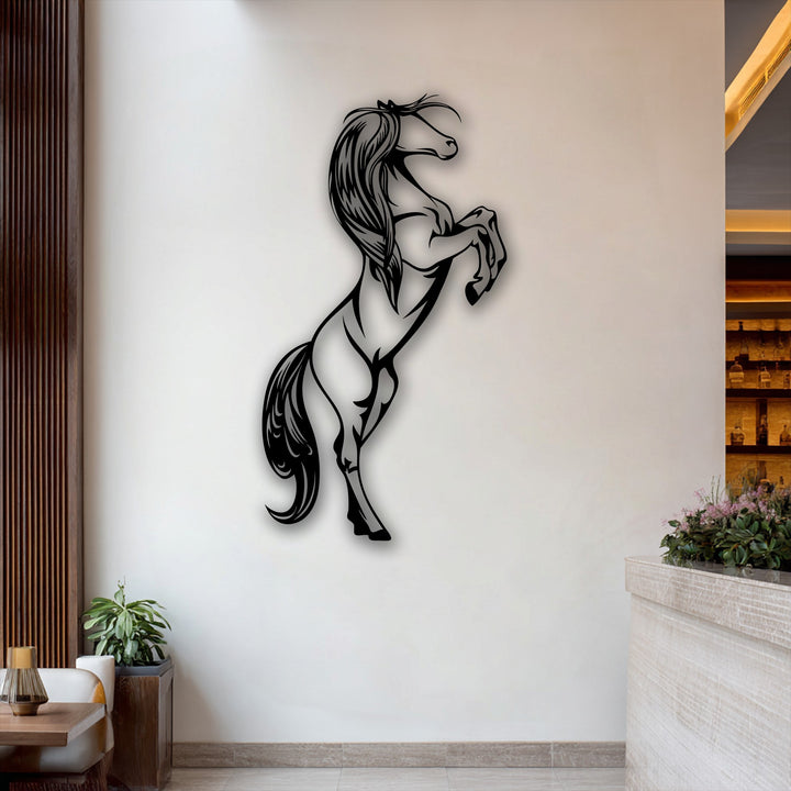 Light and shadow interplay, accentuating the sleek form of the rearing horse metal wall art, a captivating decoration wall art piece.